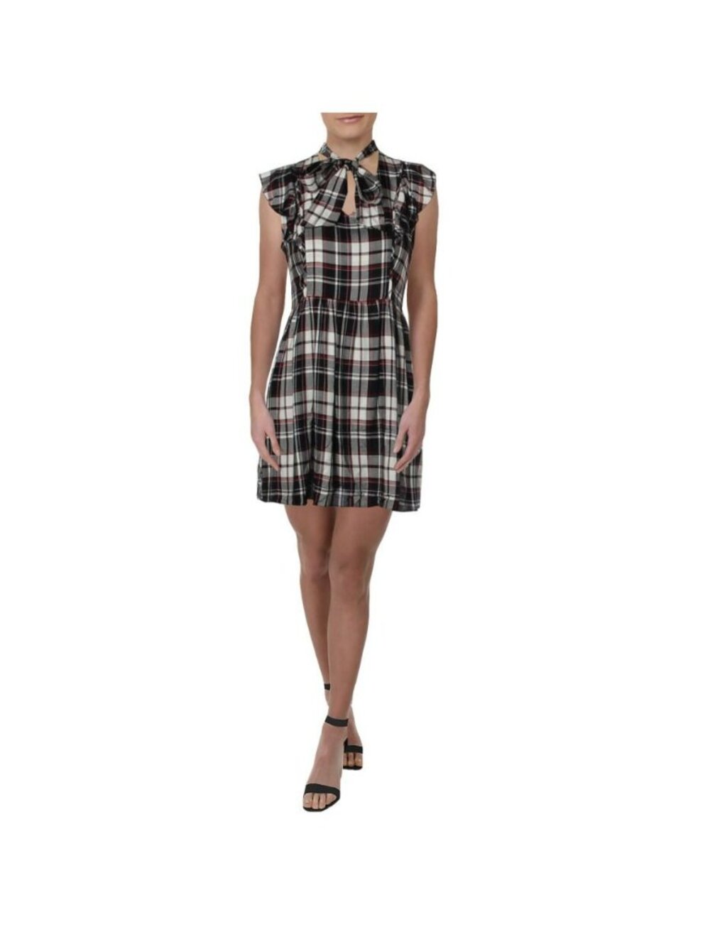 ⭐AQUA Sz M Womens academia Plaid Mini Dress Ruffle Sleeve Kitty Bow Neckline